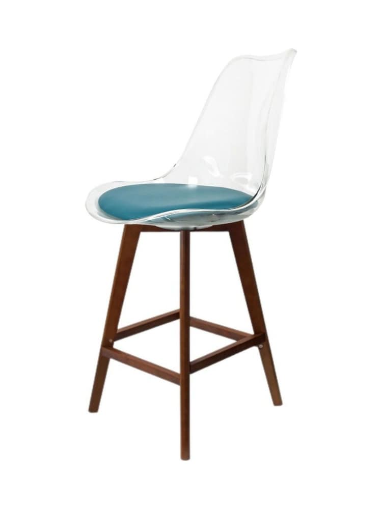 Fusion Living Set of 2 Teal Soho Clear Plastic Bar Stools with Dark Wood Legs - Image 2 of 5
