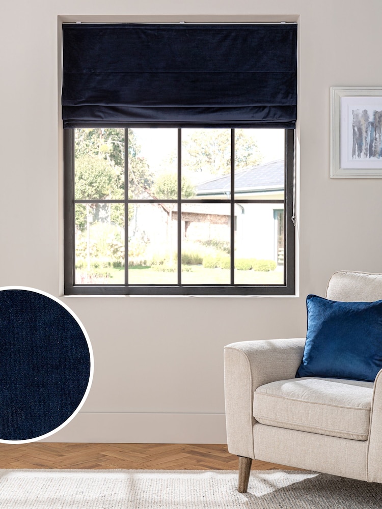 Blue Dark Navy Ready Made Blackout Matte Velvet Roman Blinds - Image 1 of 7