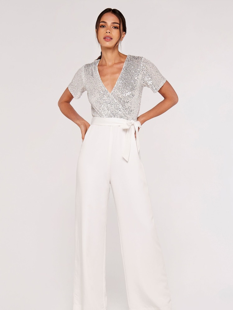 Apricot Silver & White Sequinned Wrap Palazzo Jumpsuit - Image 1 of 5