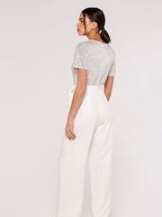 Apricot Silver & White Sequinned Wrap Palazzo Jumpsuit - Image 2 of 5