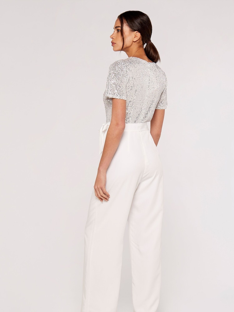 Apricot Silver & White Sequinned Wrap Palazzo Jumpsuit - Image 2 of 5