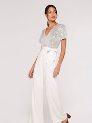 Apricot Silver & White Sequinned Wrap Palazzo Jumpsuit - Image 3 of 5