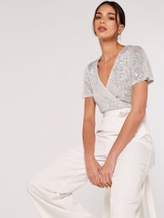 Apricot Silver & White Sequinned Wrap Palazzo Jumpsuit - Image 4 of 5