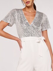 Apricot Silver & White Sequinned Wrap Palazzo Jumpsuit - Image 5 of 5