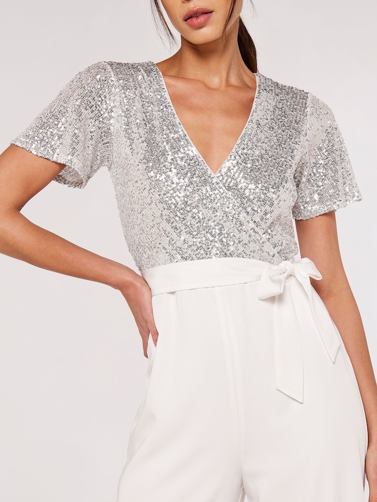 Apricot Silver & White Sequinned Wrap Palazzo Jumpsuit - Image 5 of 5