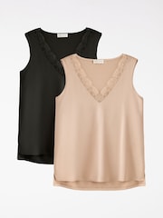 Love & Roses X2 Black and Mocha Brown Lace Trim Satin Front Jersey Back Vest - Image 1 of 7