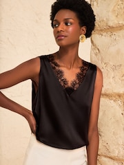 Love & Roses X2 Black and Mocha Brown Lace Trim Satin Front Jersey Back Vest - Image 3 of 7