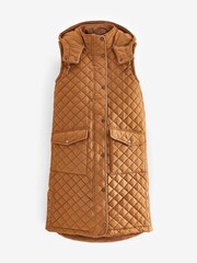 Joules Chatsworth Rust Brown Showerproof Long Diamond Quilted Gilet With Hood - Image 1 of 7