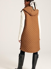 Joules Chatsworth Rust Brown Showerproof Long Diamond Quilted Gilet With Hood - Image 2 of 7