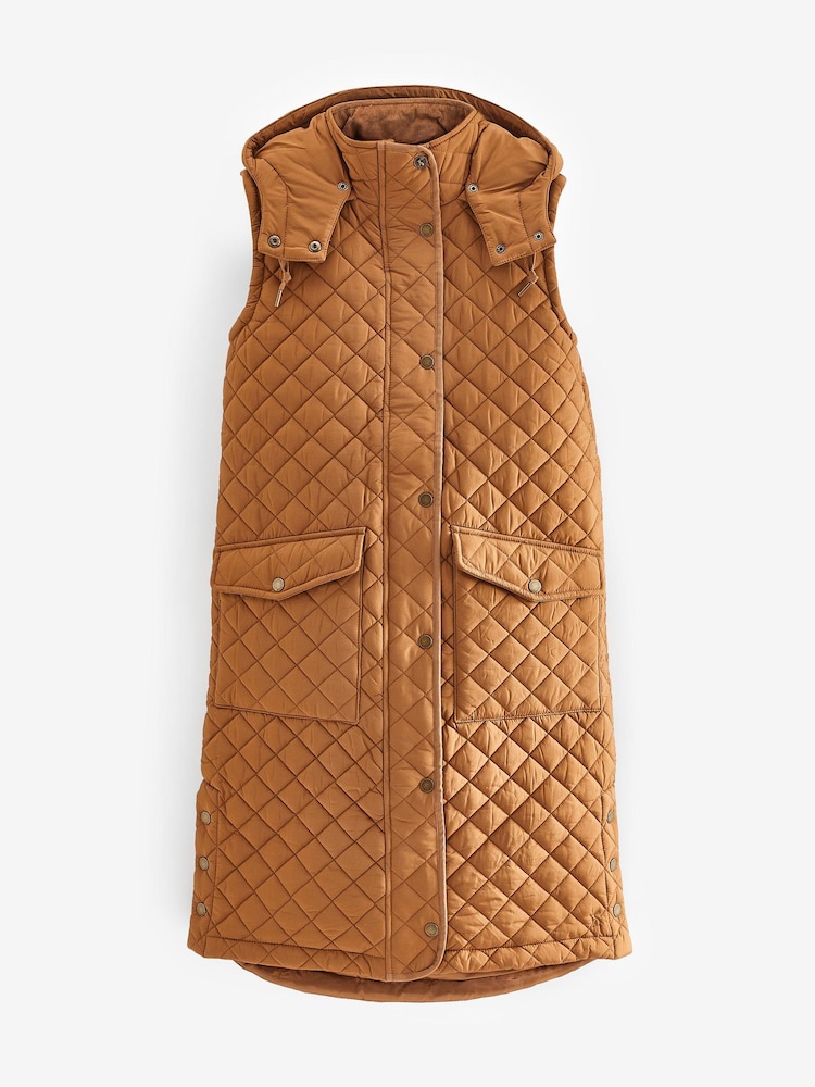 Joules Chatsworth Rust Brown Showerproof Long Diamond Quilted Gilet With Hood - Image 7 of 7