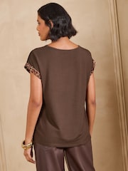 Love & Roses Chocolate Brown Satin Front Animal Tipped T-Shirt - Image 4 of 4