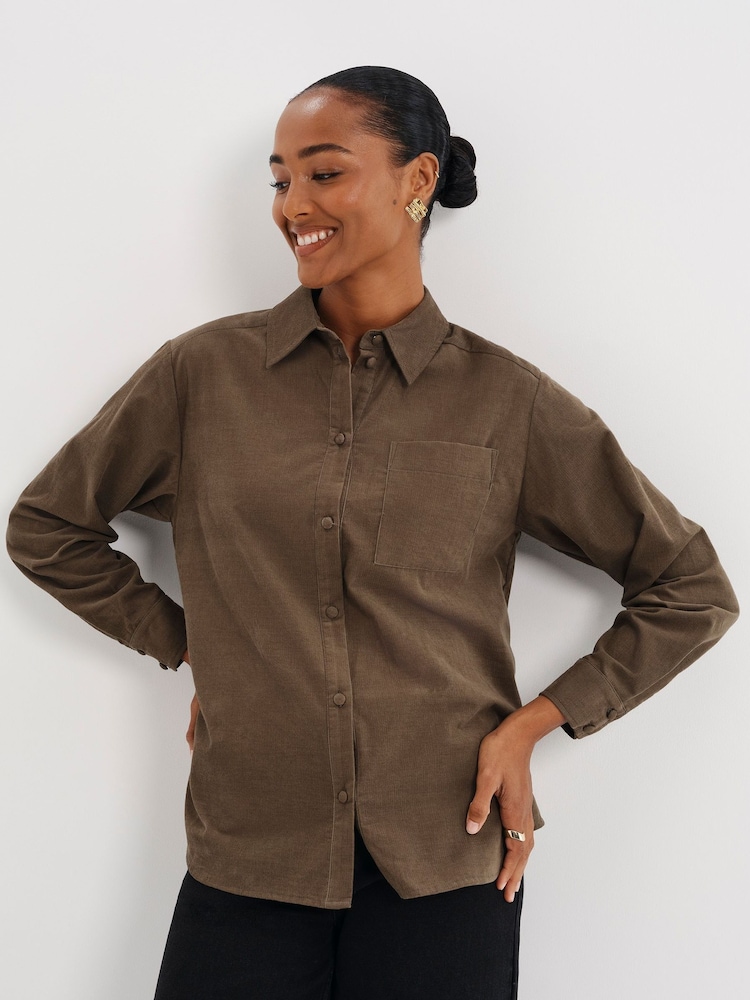 أخضر - Finery Raquel Corduroy Long Sleeve Shirt - صورة 2 من 5