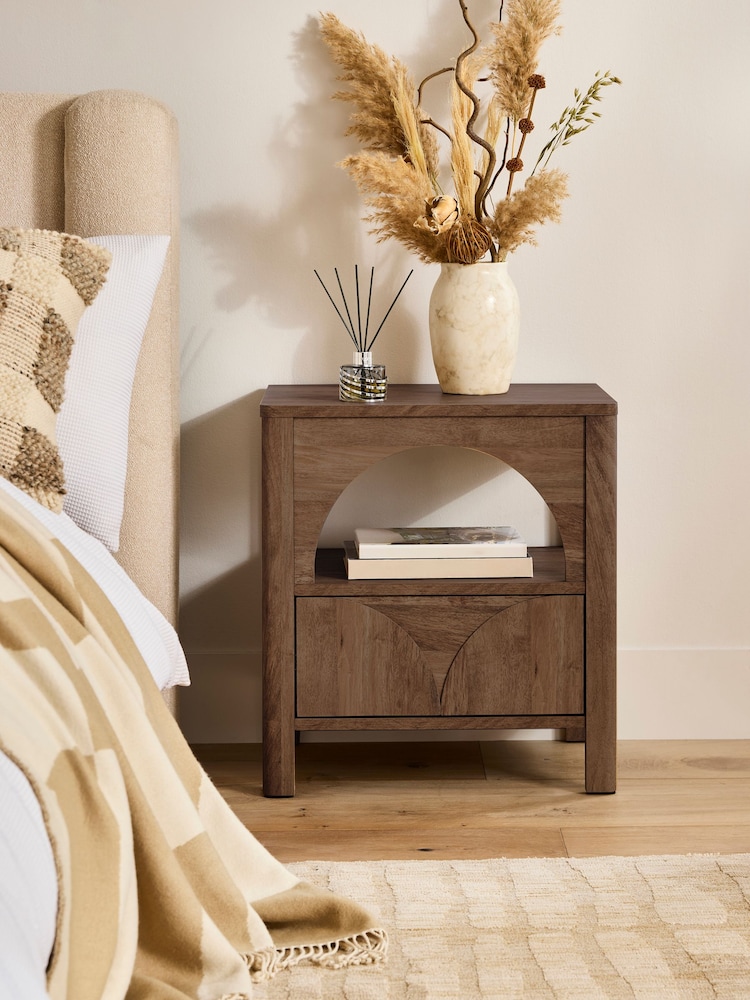 Dark Natural Arches 1 Drawer Bedside Table - Image 1 of 7 Dark Natural Arches 1 Drawer Bedside Table - Image 1 of 7