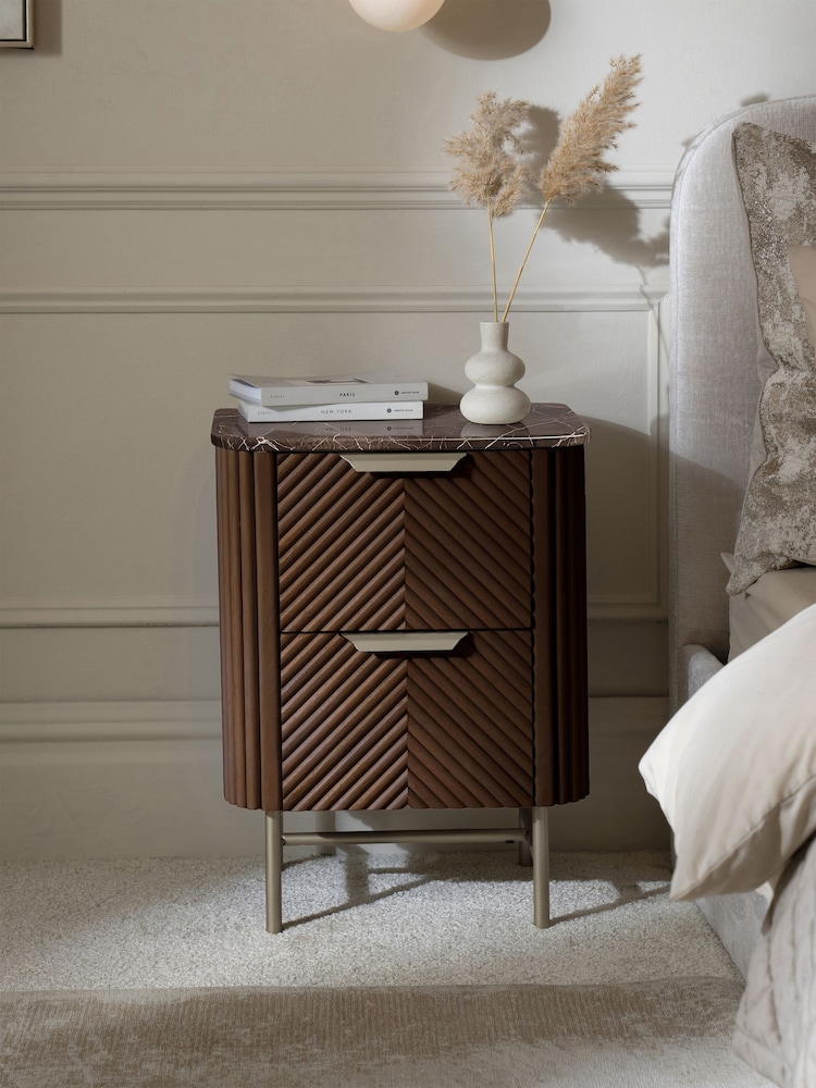Dark Natural Valencia Marble and Mango Wood 2 Drawer Bedside Table - Image 1 of 9 Dark Natural Valencia Marble and Mango Wood 2 Drawer Bedside Table - Image 1 of 9