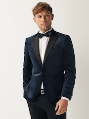 Navy Blue Slim Fit Patterned Velvet Blazer - Image 1 of 11