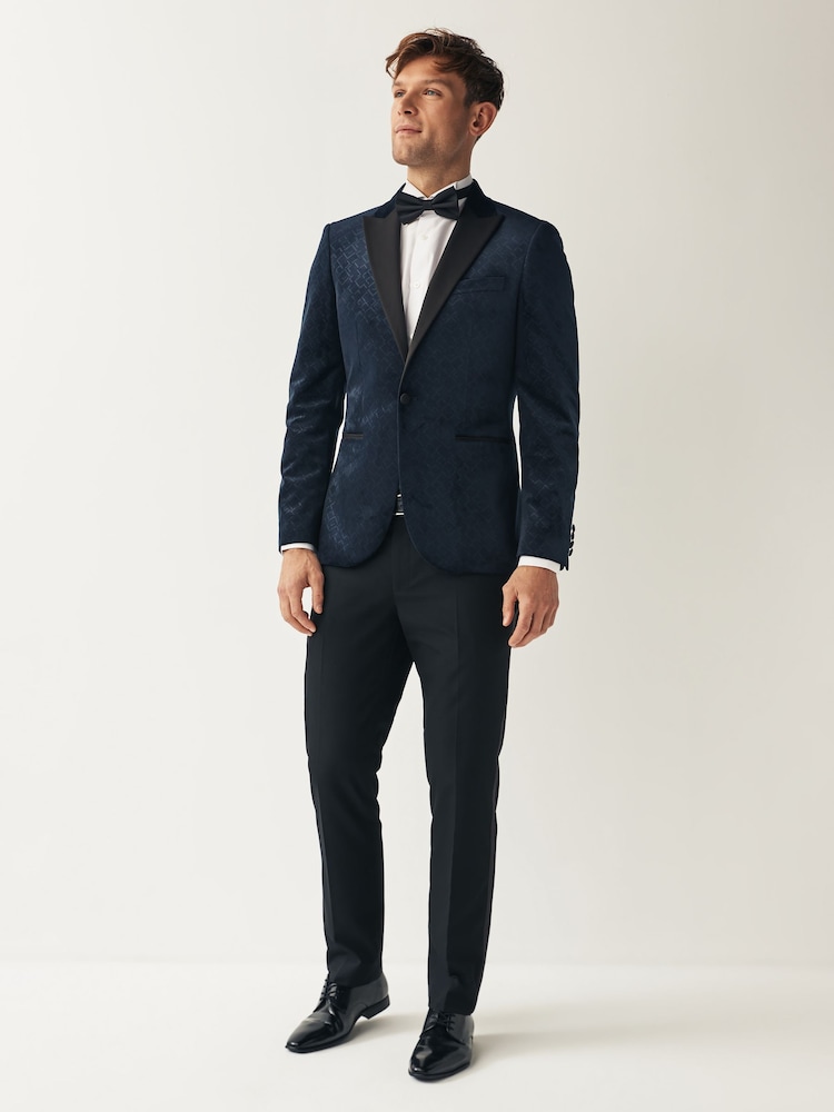 Navy Blue Slim Fit Patterned Velvet Blazer - Image 2 of 11