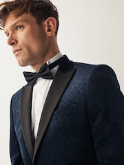 Navy Blue Slim Fit Patterned Velvet Blazer - Image 4 of 11