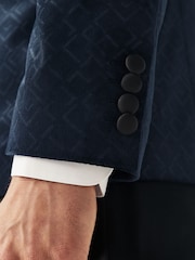 Navy Blue Slim Fit Patterned Velvet Blazer - Image 6 of 11
