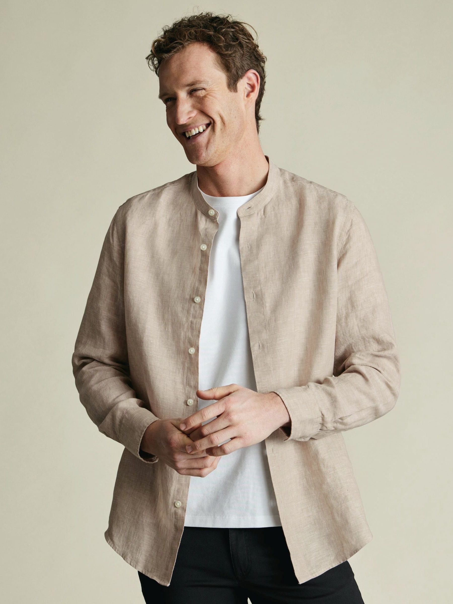 Buy Charles Tyrwhitt Natural Plain Collarless Pure Linen Shirt