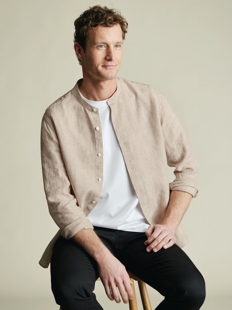 Charles Tyrwhitt Natural Plain Collarless Pure Linen Shirt - Image 2 of 6