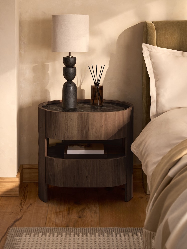 Dark Natural Nomad Curve 2 Drawer with Shelf Bedside Table - Image 1 of 6 Dark Natural Nomad Curve 2 Drawer with Shelf Bedside Table - Image 1 of 6