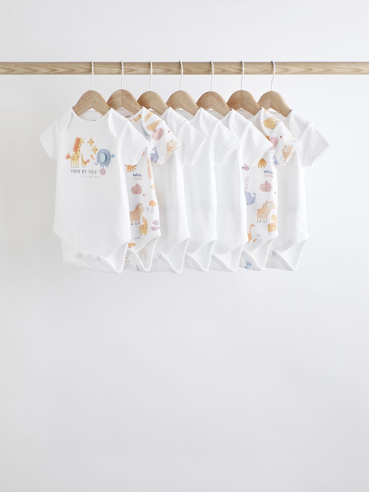 White Noahs Ark Baby Short Sleeve 100% Cotton Bodysuits 7 Pack - Image 1 of 15