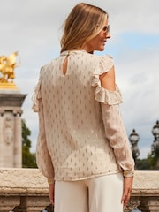 Sosandar Cream Metallic Fleck Print Cold Shoulder Top - Image 2 of 5