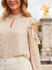 Sosandar Cream Metallic Fleck Print Cold Shoulder Top - Image 5 of 5