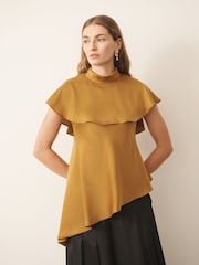 CERENE Iris Gold Satin Asymmetric Short Sleeve Cape Top - Image 1 of 11