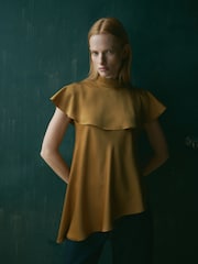 CERENE Iris Gold Satin Asymmetric Short Sleeve Cape Top - Image 2 of 11