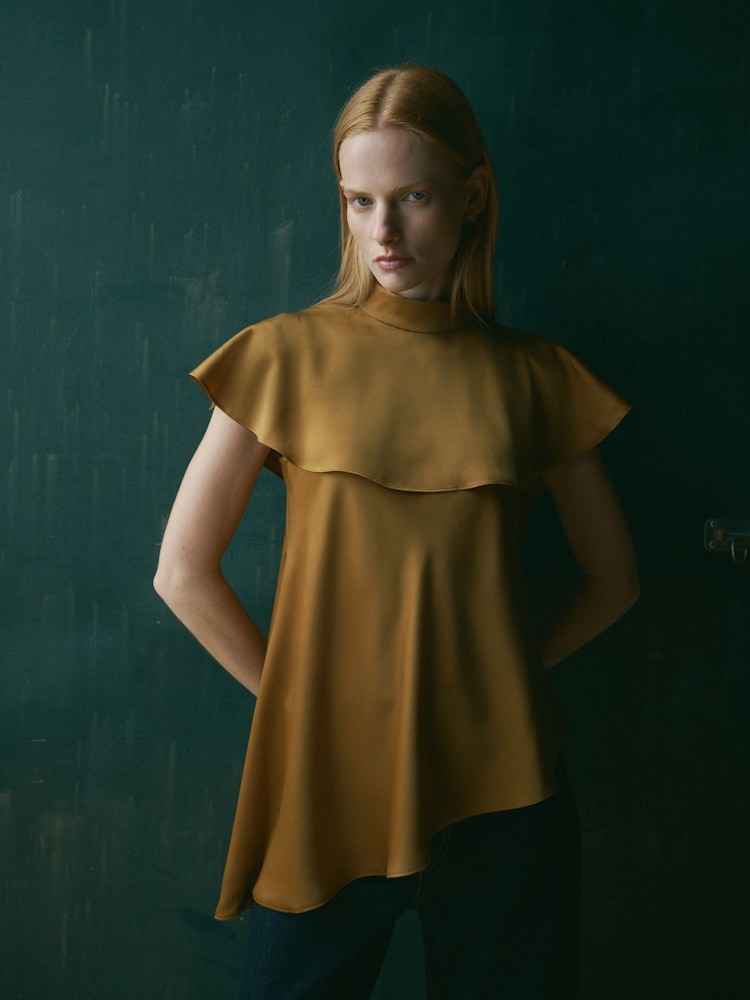 CERENE Iris Gold Satin Asymmetric Short Sleeve Cape Top - Image 2 of 11
