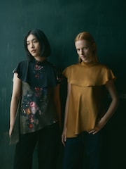 CERENE Iris Gold Satin Asymmetric Short Sleeve Cape Top - Image 3 of 11