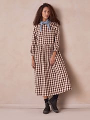 Celtic & Co. Brown Collarless Gingham Midi Dress - Image 1 of 9