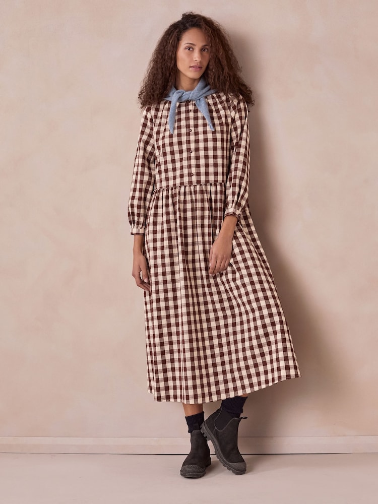 Celtic & Co. Brown Collarless Gingham Midi Dress - Image 1 of 9 Celtic & Co. Brown Collarless Gingham Midi Dress - Image 1 of 9