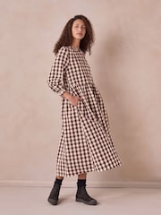 Celtic & Co. Brown Collarless Gingham Midi Dress - Image 2 of 9