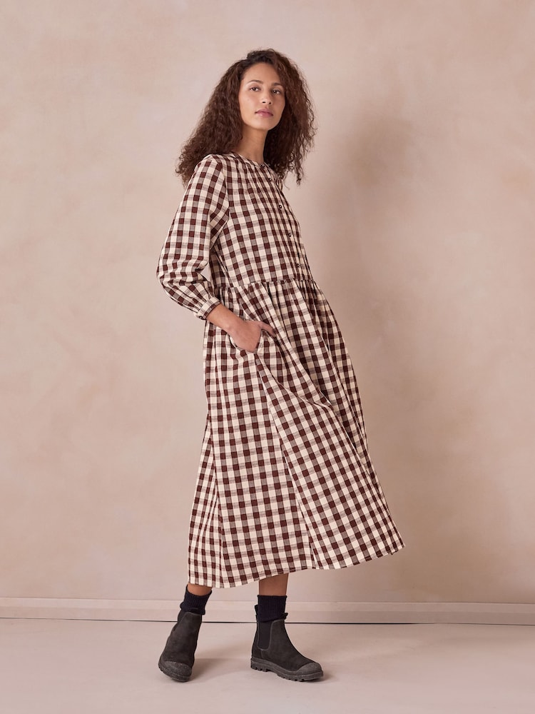 Celtic & Co. Brown Collarless Gingham Midi Dress - Image 2 of 9 Celtic & Co. Brown Collarless Gingham Midi Dress - Image 2 of 9