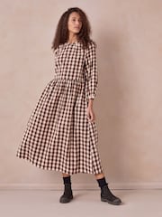 Celtic & Co. Brown Collarless Gingham Midi Dress - Image 3 of 9