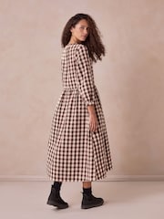 Celtic & Co. Brown Collarless Gingham Midi Dress - Image 4 of 9