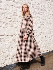 Celtic & Co. Brown Collarless Gingham Midi Dress - Image 5 of 9