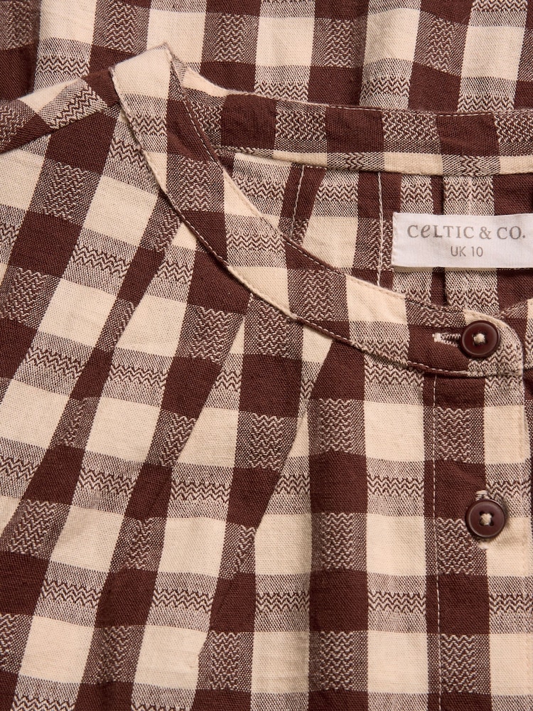 Celtic & Co. Brown Collarless Gingham Midi Dress - Image 9 of 9 Celtic & Co. Brown Collarless Gingham Midi Dress - Image 9 of 9