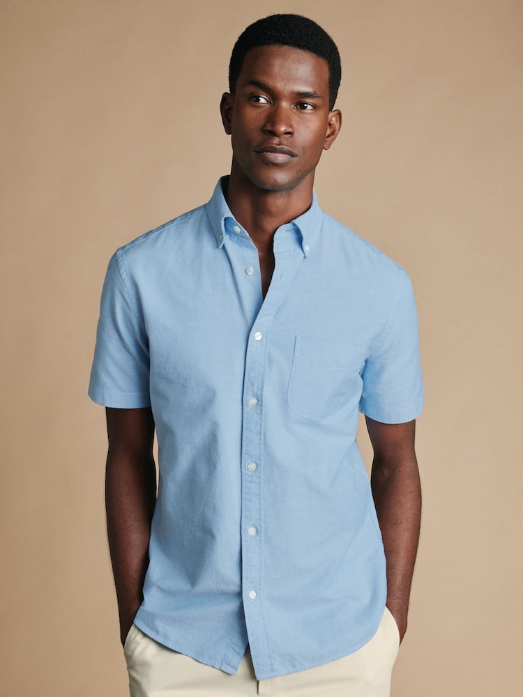 Charles Tyrwhitt Blue Plain Short Sleeve Button Down Stretch Washed Oxford Shirt - Image 1 of 6