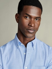 Charles Tyrwhitt Blue Plain Short Sleeve Button Down Stretch Washed Oxford Shirt - Image 3 of 6