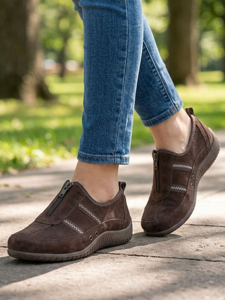 Pavers Brown Memory Foam Leather Slip On Trainers - Image 1 of 6