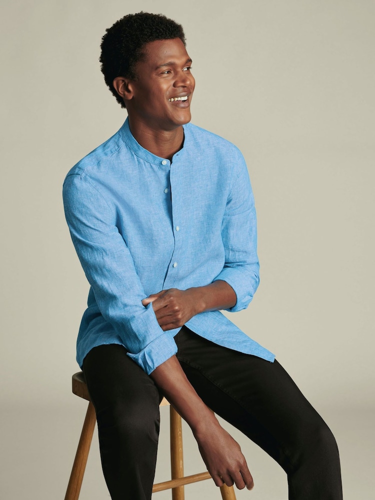 Charles Tyrwhitt Blue Plain Collarless Pure Linen Shirt - Image 2 of 7