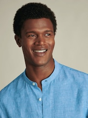 Charles Tyrwhitt Blue Plain Collarless Pure Linen Shirt - Image 3 of 7