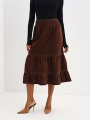 Finery Brown Marcella Corduroy Lace Detail Midi Skirt - Image 1 of 5