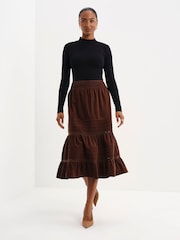 Finery Brown Marcella Corduroy Lace Detail Midi Skirt - Image 2 of 5