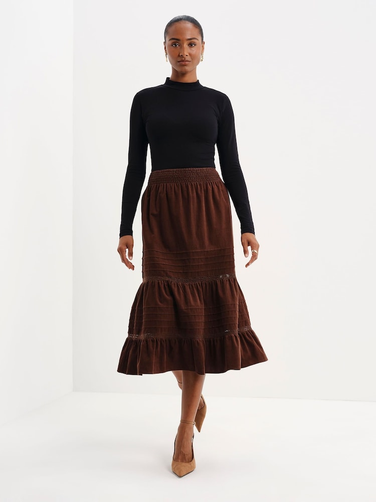 Finery Brown Marcella Corduroy Lace Detail Midi Skirt - Image 2 of 5