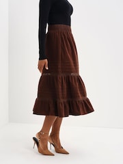 Finery Brown Marcella Corduroy Lace Detail Midi Skirt - Image 3 of 5