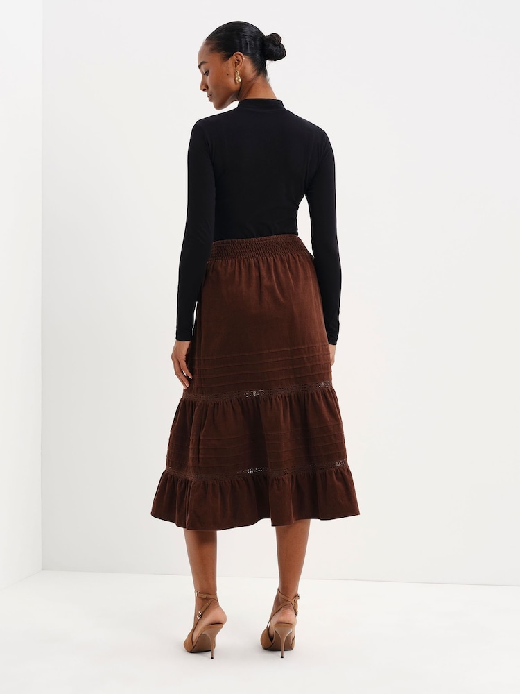 Finery Brown Marcella Corduroy Lace Detail Midi Skirt - Image 5 of 5